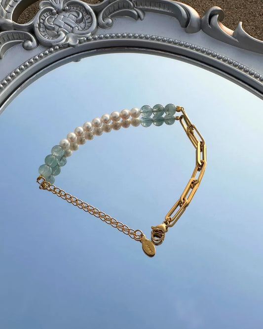 Aquamarine & Pearl 海藍寶與淡水珍珠不銹鋼粗鏈手鏈