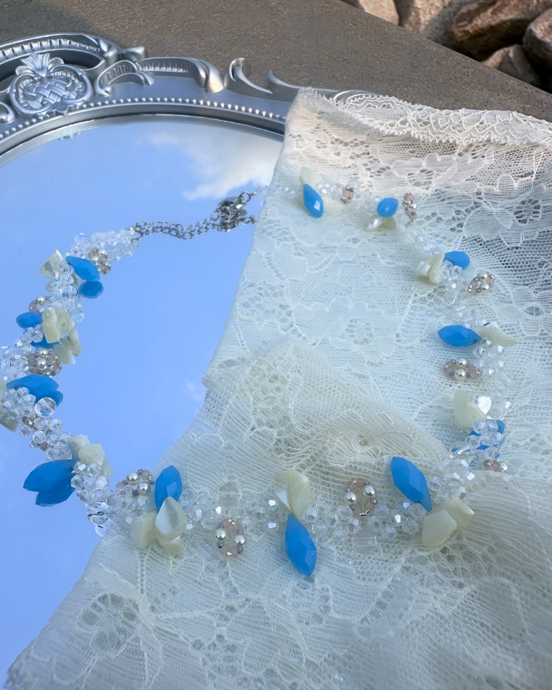 Azure Dawn White Shell & Glass Bead Necklace