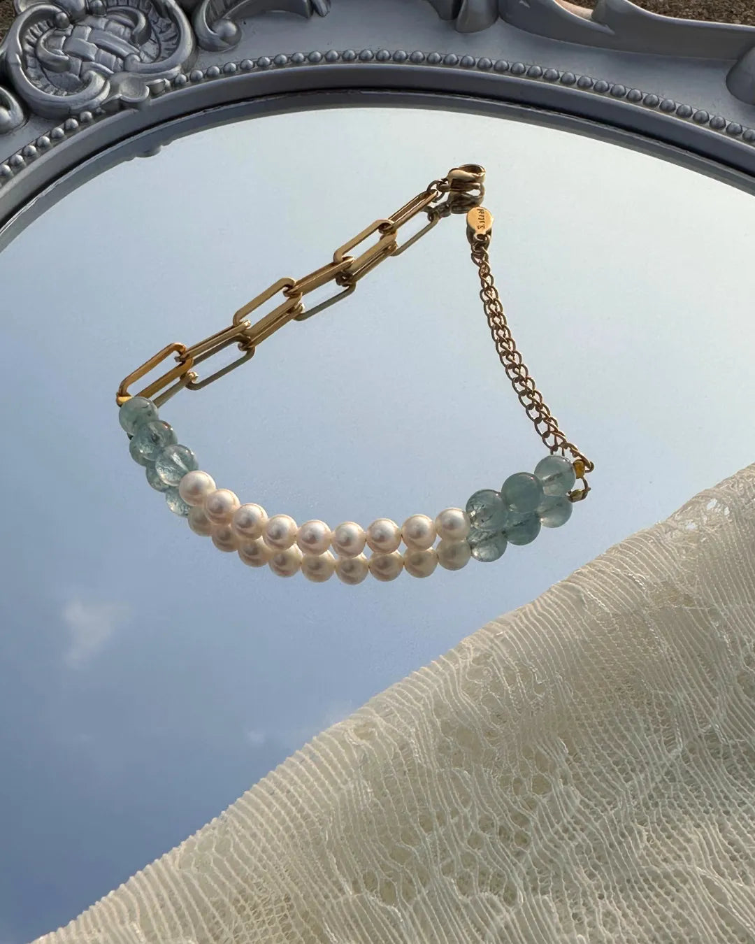 Aquamarine & Pearl 海藍寶與淡水珍珠不銹鋼粗鏈手鏈
