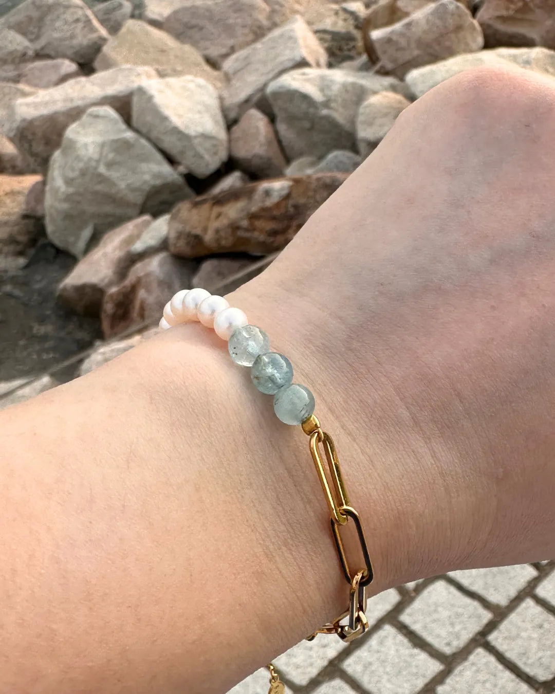 Aquamarine & Pearl 海藍寶與淡水珍珠不銹鋼粗鏈手鏈
