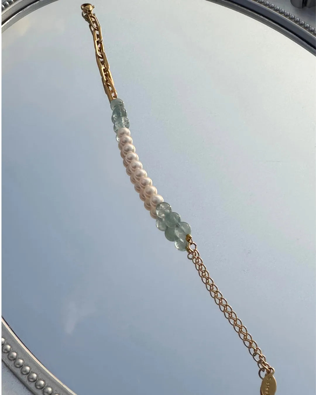 Aquamarine & Pearl 海藍寶與淡水珍珠不銹鋼粗鏈手鏈