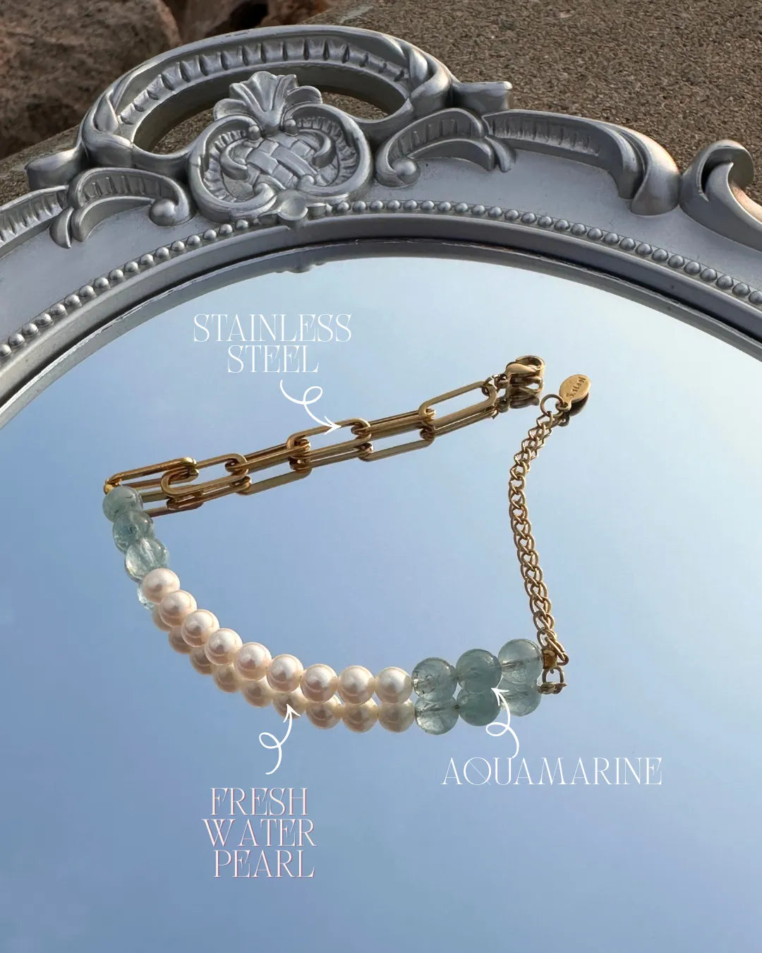 Aquamarine & Pearl 海藍寶與淡水珍珠不銹鋼粗鏈手鏈