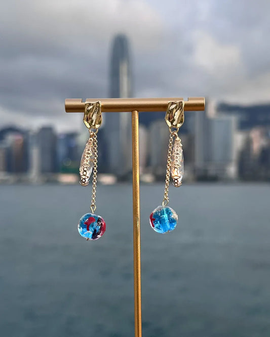 Aquarium 水滴玻璃小金魚耳環