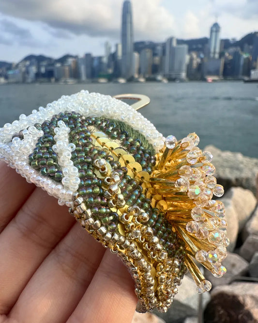 Bohemia金綠色立體珠繡開口手鐲