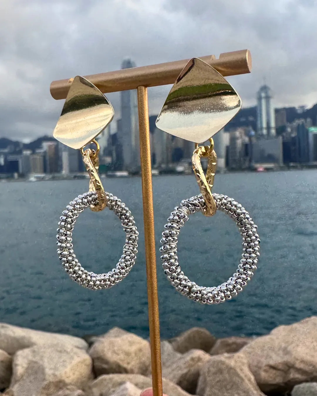 Circle of Life Golden Square & Matt Silver Medium Hoop Earrings
