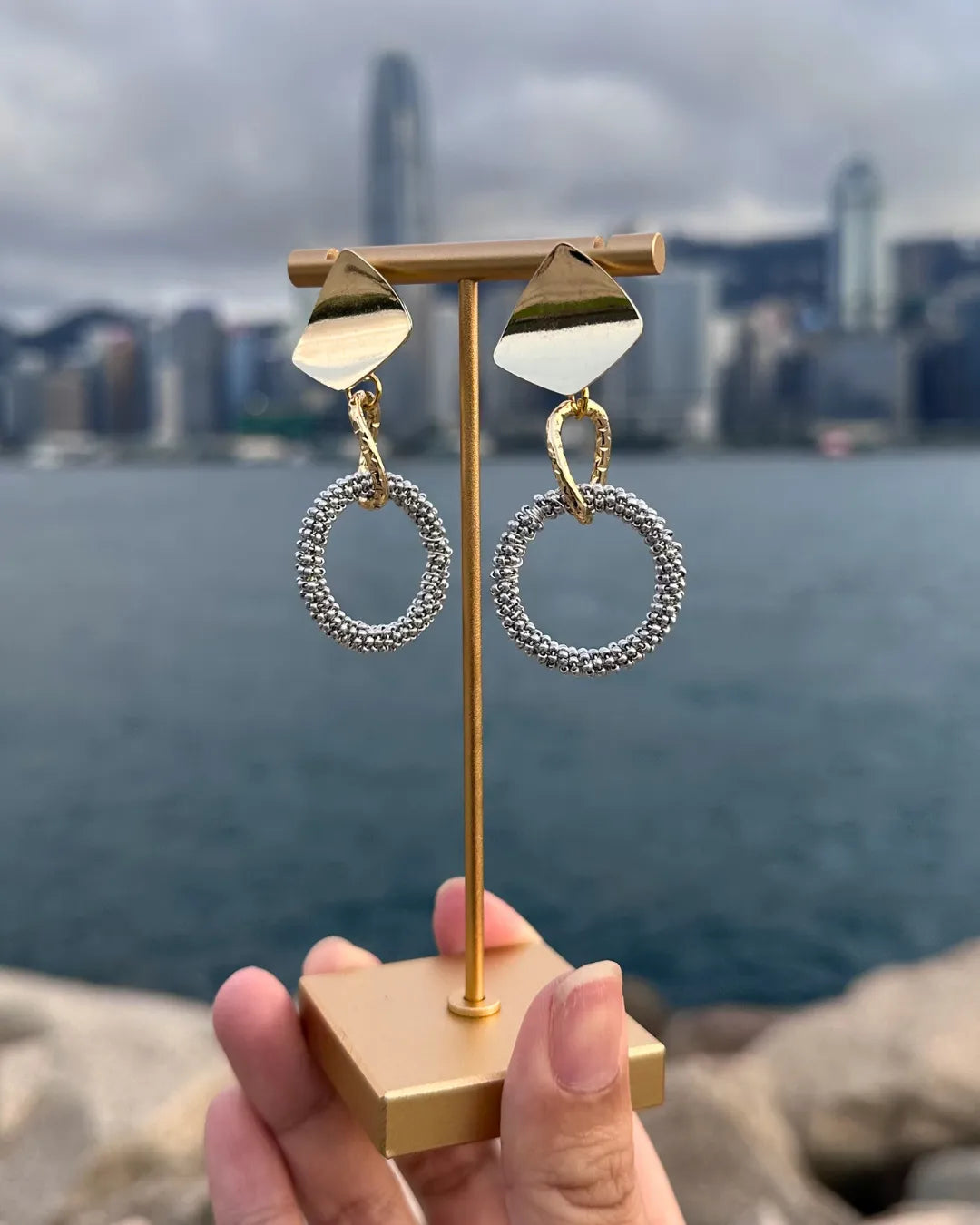 Circle of Life Golden Square & Matt Silver Medium Hoop Earrings