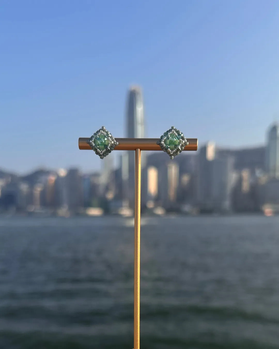 雙層馬賽克森綠玻璃珠耳環