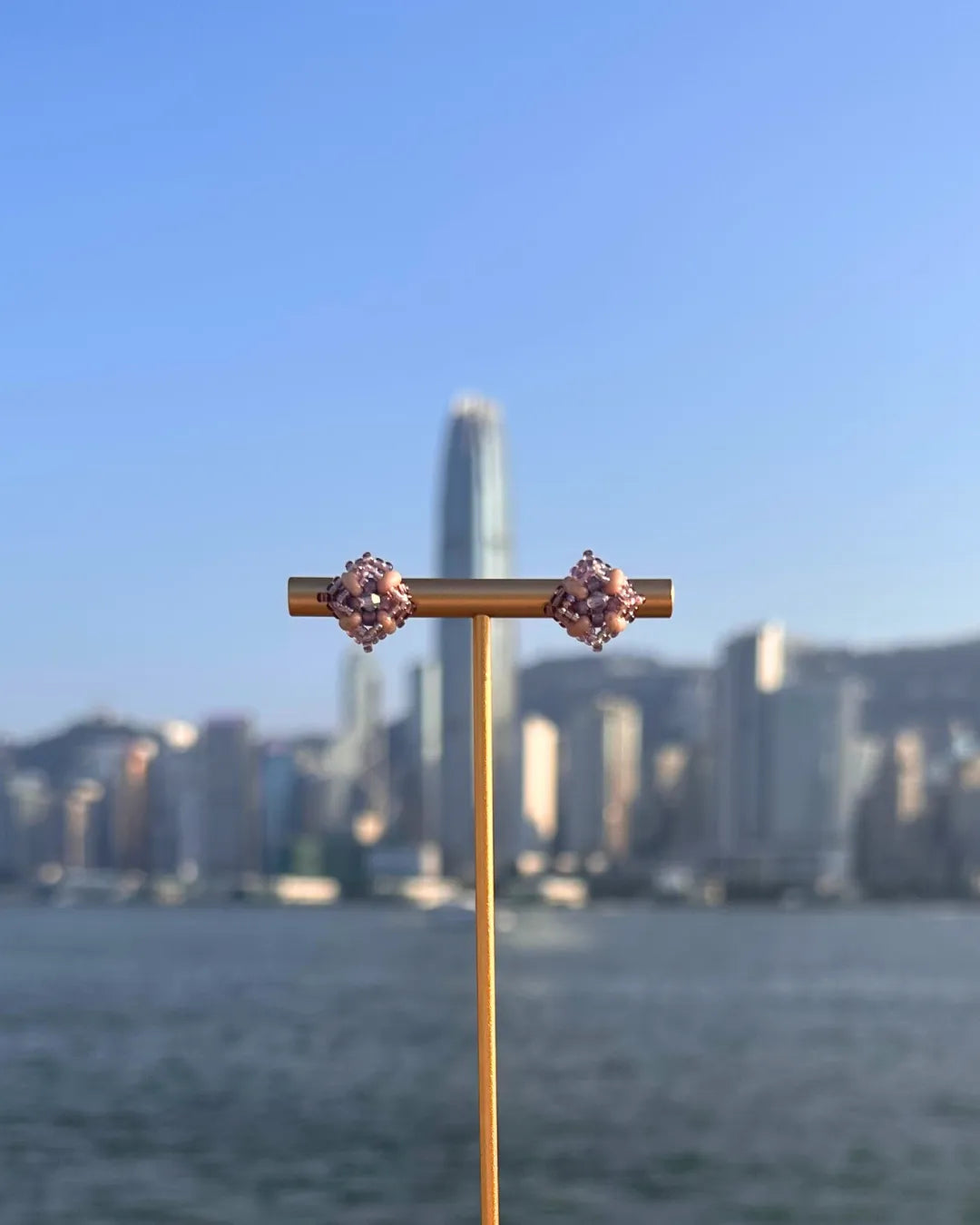 雙層馬賽克粉紫玻璃珠耳環