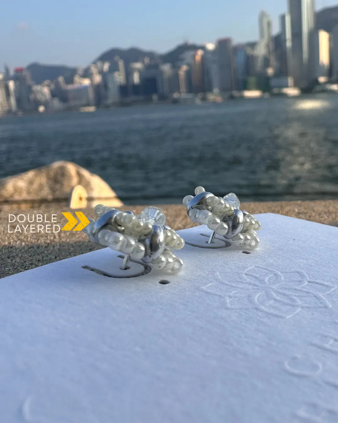 雙層馬賽克純白玻璃珠耳環