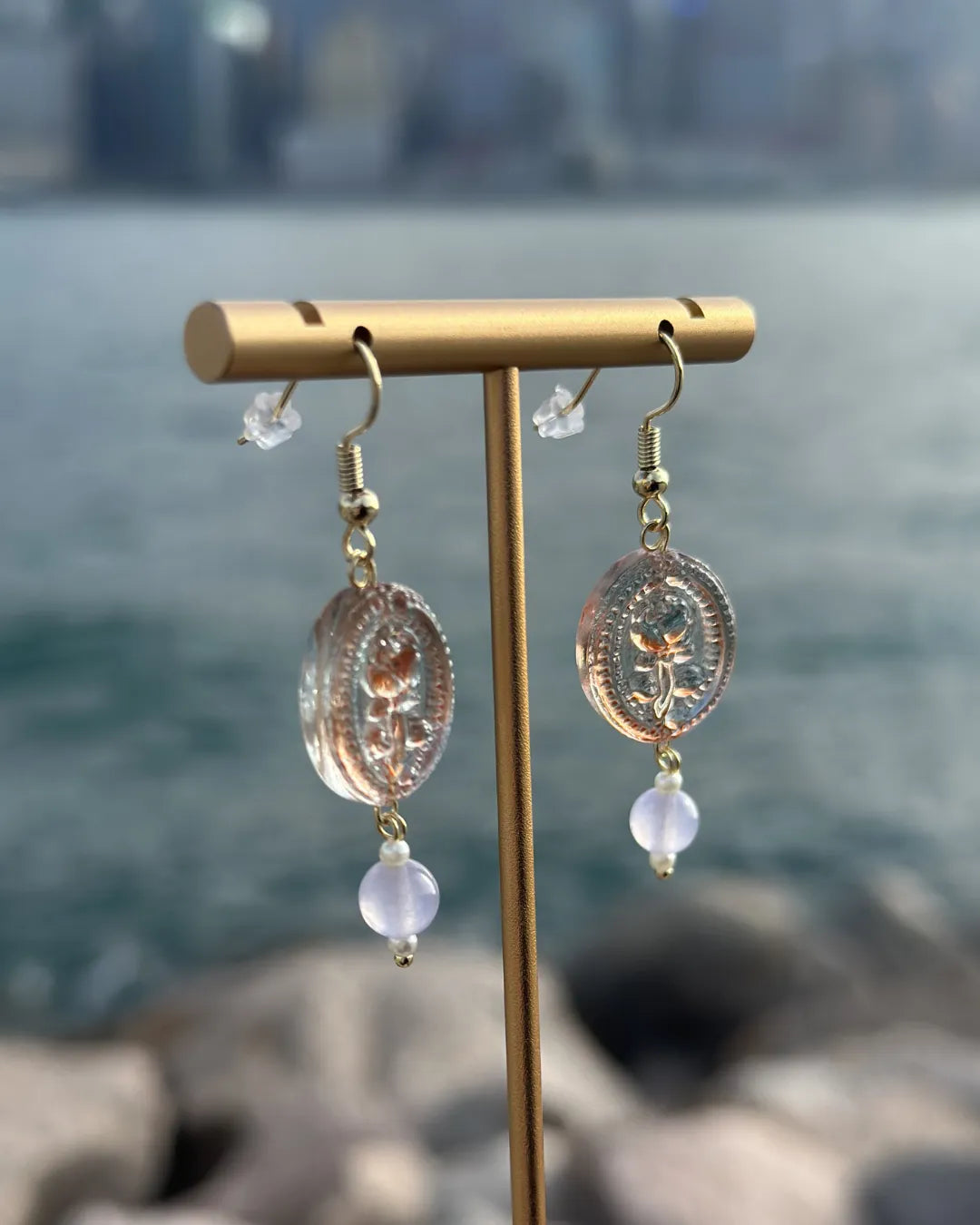 Glassy Rose霧粉玫瑰摩根石耳環
